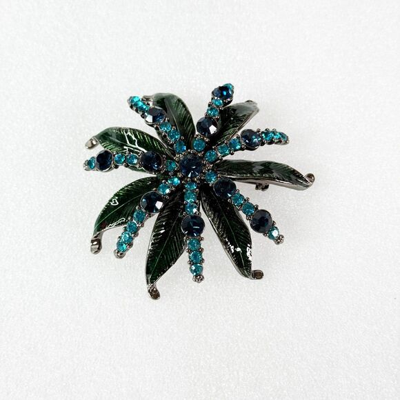 Vintage | Dark Blue Teal Dark Green Rhinestone Flower Brooch Pin - Picture 1 of 5